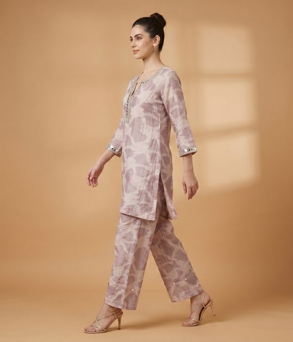 Blush Abstract Print Embellished Co-Ord Set